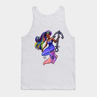 African American mermaid with flowing rainbow hair and anchor , brown eyes curly Afro hair and caramel brown skin Tank Top